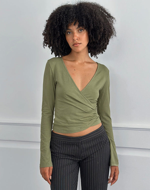 Motel Rocks Kien Long Sleeve Wrap Top In Olive