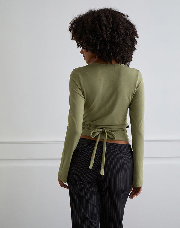 Motel Rocks Kien Long Sleeve Wrap Top In Olive