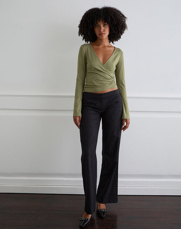 motel rocks Kien Long Sleeve Wrap Top in Olive