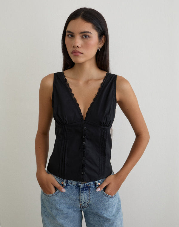 motel rocks Lasily V Neck Corset Top in Black