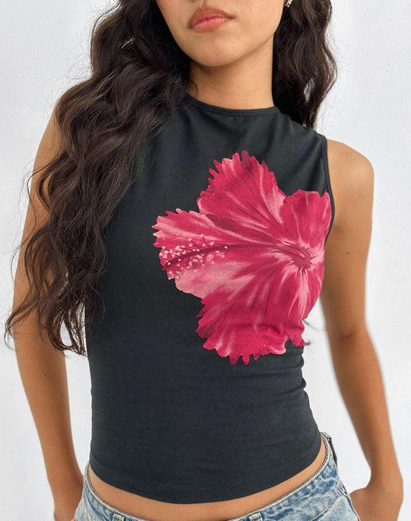 Motel Rocks Leen Top In Black Hibiscus Flower Pink