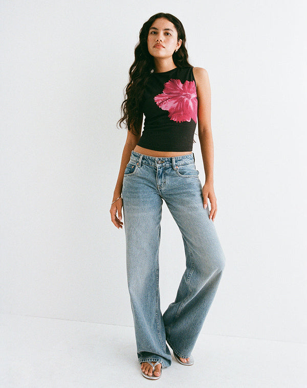 Motel Rocks Leen Top In Black Hibiscus Flower Pink