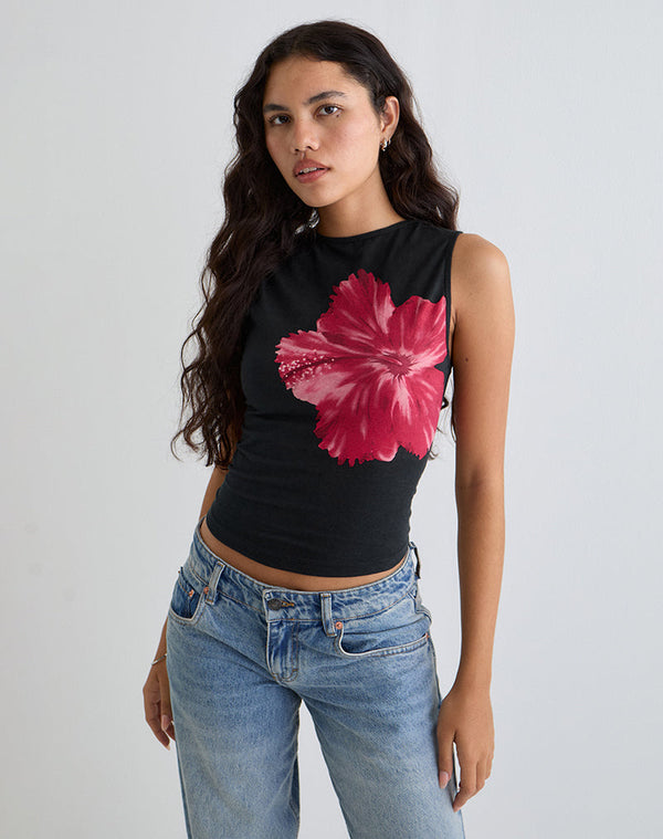motel rocks Leen Top in Black Hibiscus Flower Pink