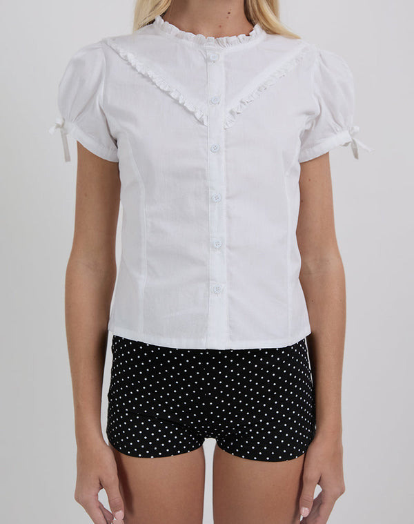 Motel Rocks Legra Frill Neck Shirt In Poplin White