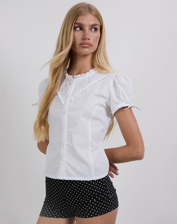 motel rocks Legra Frill Neck Shirt in Poplin White