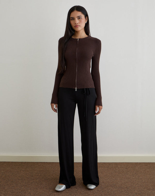 Motel Rocks Liano Zip Cardigan In Rib Knit Brown