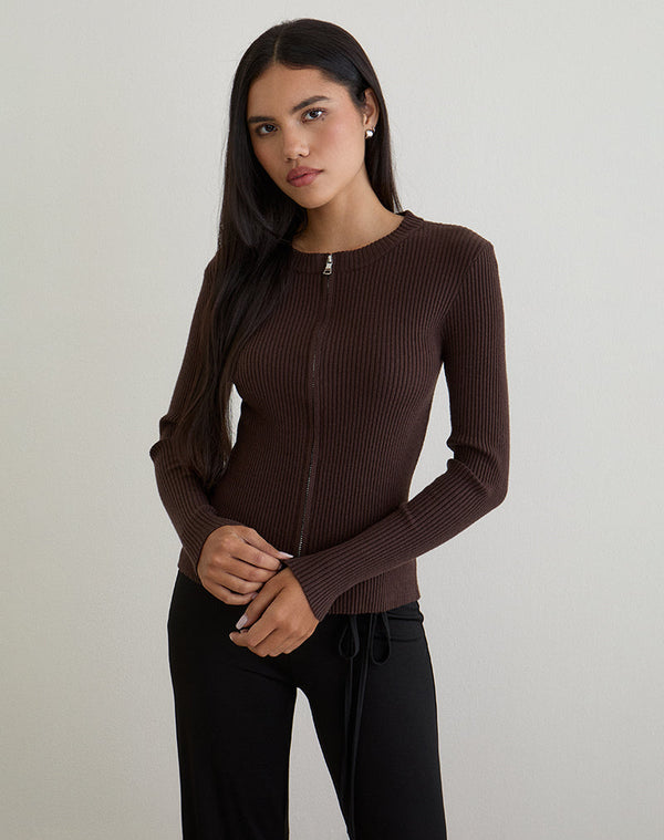 Motel Rocks Liano Zip Cardigan In Rib Knit Brown
