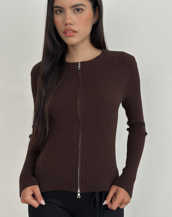 motel rocks Liano Zip Cardigan in Rib Knit Brown