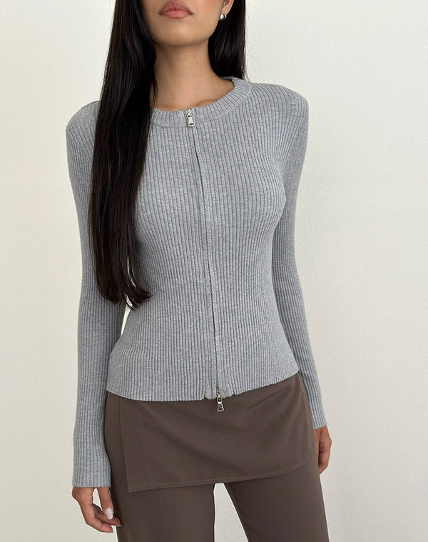 Motel Rocks Liano Zip Cardigan In Rib Knit Grey