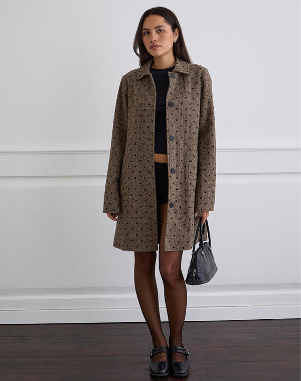 Motel Rocks Lirena Longline Coat In Polka Brown