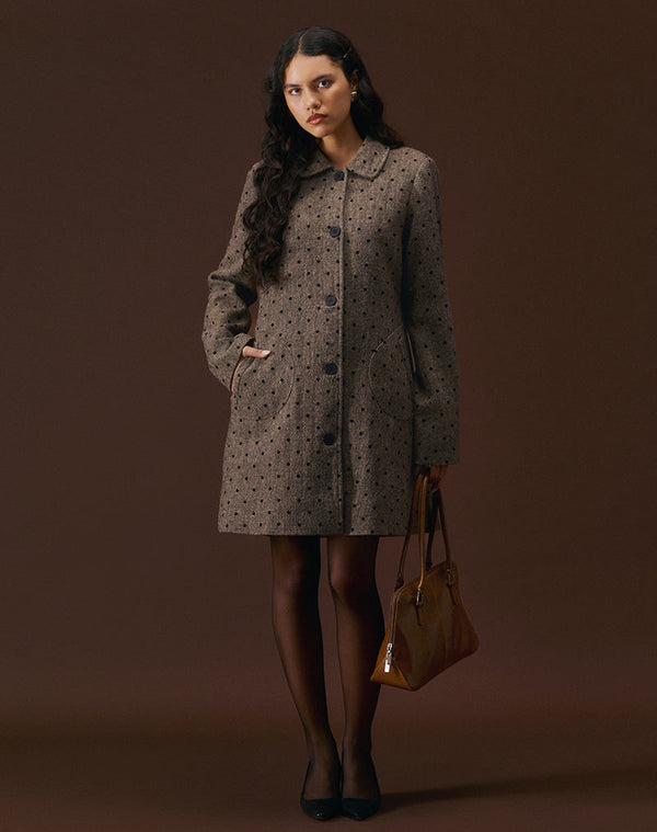 motel rocks Lirena Longline Coat in Polka Brown