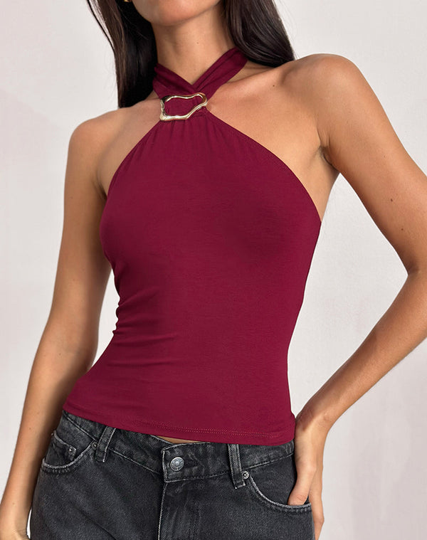 Motel Rocks Lorie Halter Top In Rayon Burgundy