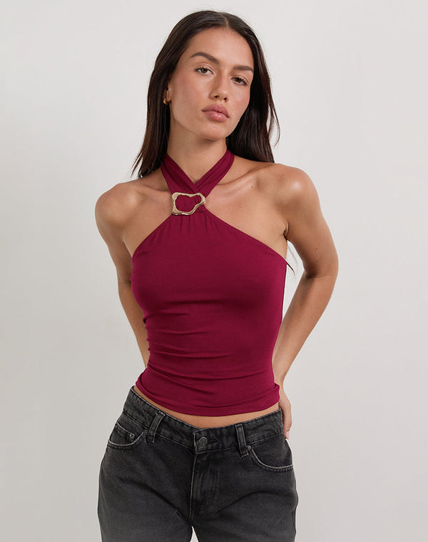 motel rocks Lorie Halter Top in Rayon Burgundy