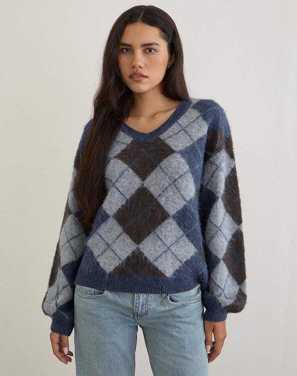 Motel Rocks Louna Jumper In Knit Argyle Check Navy