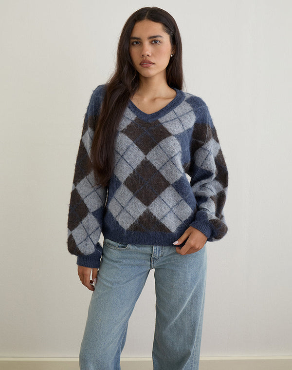 Motel Rocks Louna Jumper In Knit Argyle Check Navy