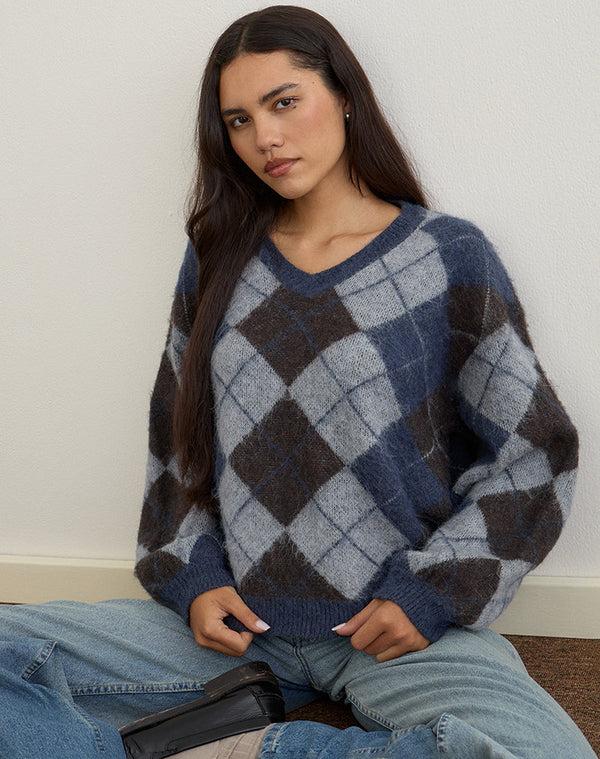 motel rocks Louna Jumper in Knit Argyle Check Navy