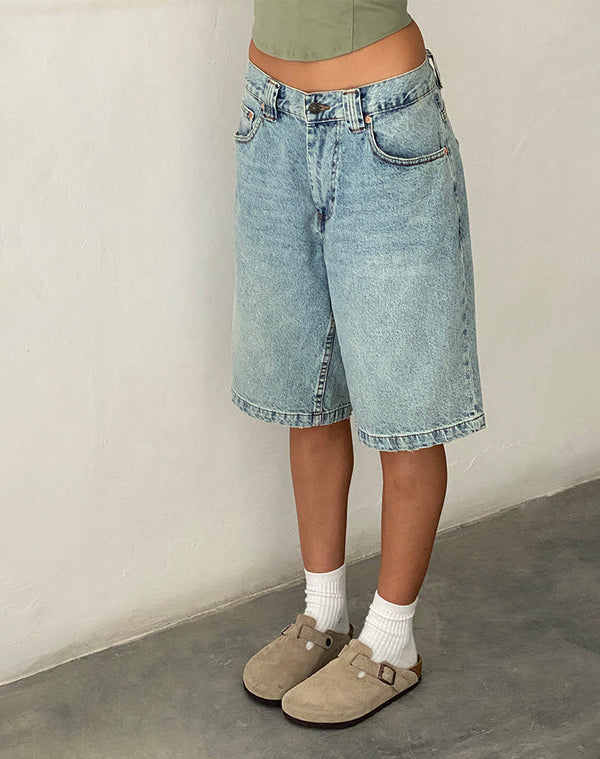Motel Rocks Low Rise Skater Shorts In Bleach Denim
