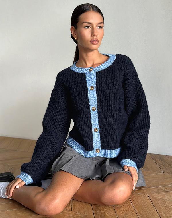 Motel Rocks Luciana Cardigan In Contrast Navy