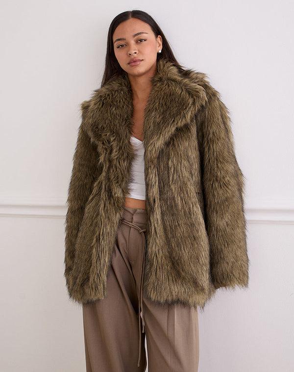 Motel Rocks Lupita Jacket In Faux Long Fur Brown