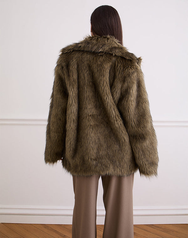 Motel Rocks Lupita Jacket In Faux Long Fur Brown