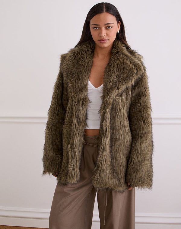 motel rocks Lupita Jacket in Faux Long Fur Brown