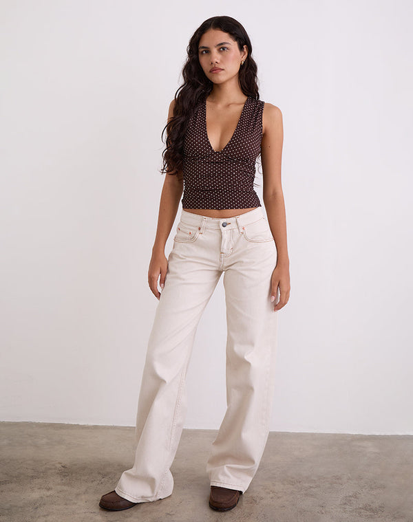 Motel Rocks Lycia Plunge Top In Micro Polka Brown