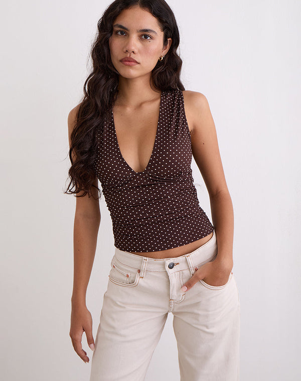 motel rocks Lycia Plunge Top in Micro Polka Brown