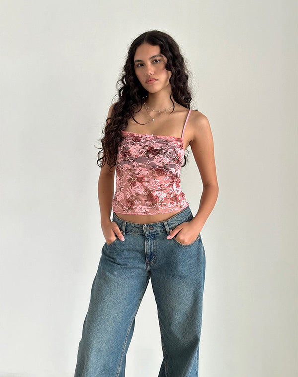 Motel Rocks Magita Top In Pink Lace Floral Bloom