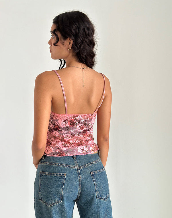 Motel Rocks Magita Top In Pink Lace Floral Bloom