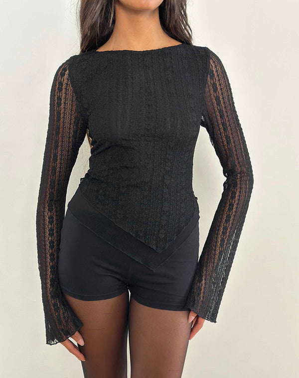 motel rocks Malakai Long Sleeve Top in Lace Black
