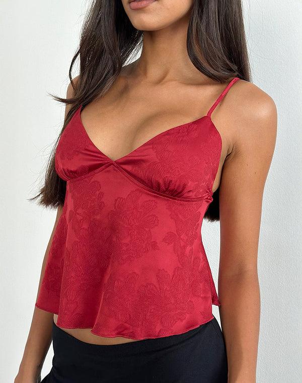 motel rocks Marinda Top in Satin Jacquard Burgundy