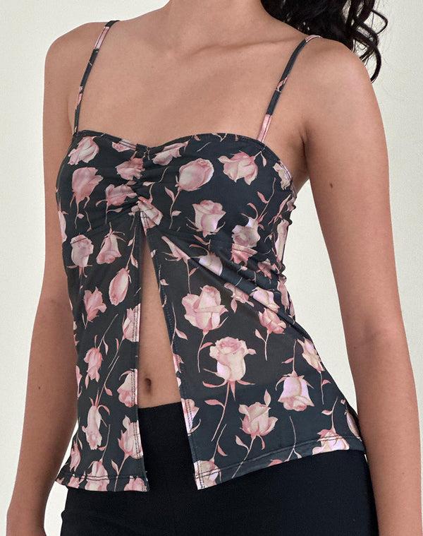 Motel Rocks Megumi Top In Falling Rose Jet Black