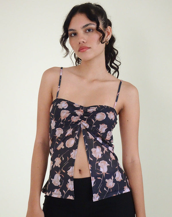motel rocks Megumi Top in Falling Rose Jet Black
