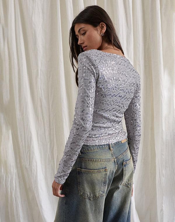 Motel Rocks Meraga Tie Front Top In Silver Sequin