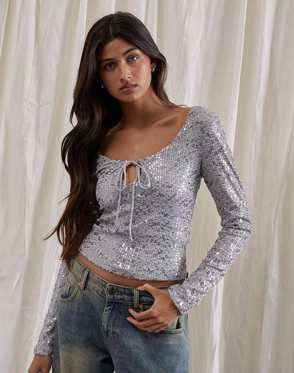motel rocks Meraga Tie Front Top in Silver Sequin