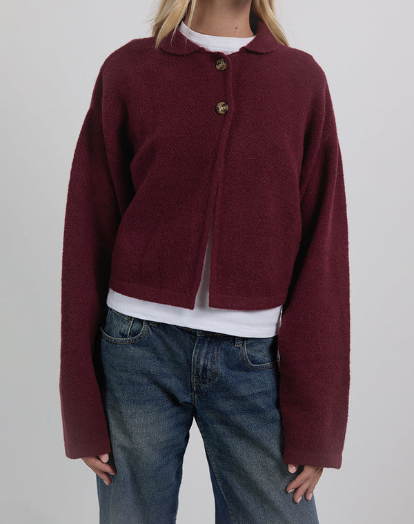 Motel Rocks Merril Collared Cardigan In Knit Wine