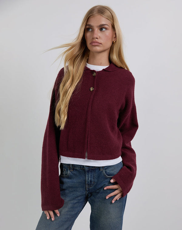 motel rocks Merril Collared Cardigan in Knit Wine