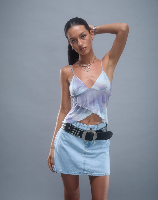 Motel Rocks Mini A-Line Skirt In Denim Blue Bleach