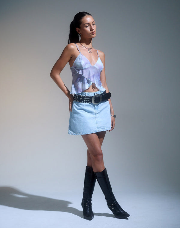 Motel Rocks Mini A-Line Skirt In Denim Blue Bleach