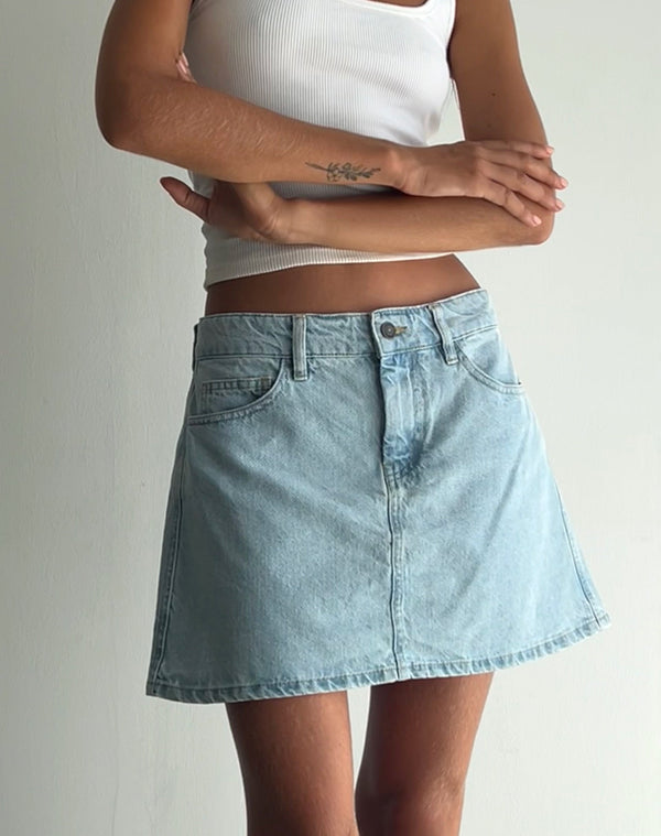 motel rocks Mini A-Line Skirt in Denim Blue Bleach