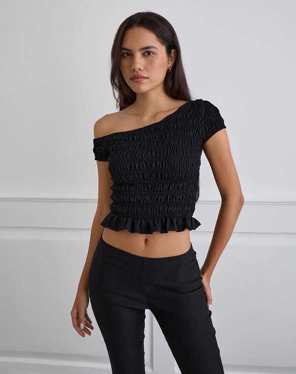 motel rocks Mirita Shirred Top in Black