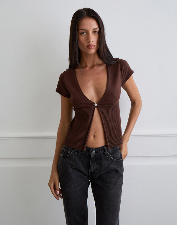 motel rocks Nalo Short Sleeve Cardi in Dark Brown