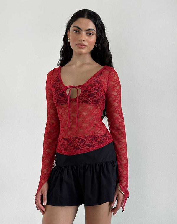 Motel Rocks Natasha Tie Front Top In Mari Lace Red