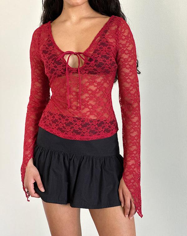 motel rocks Natasha Tie Front Top in Mari Lace Red