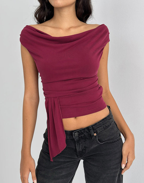Motel Rocks Neida Drape Top In Cupro Burgundy