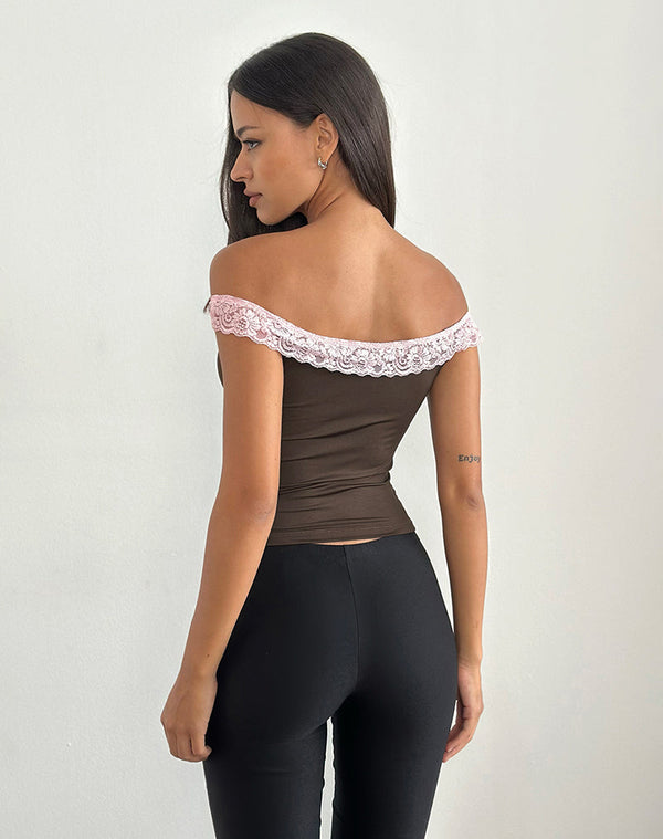 Motel Rocks Nesel Top In Brown Slinky Lace Pink