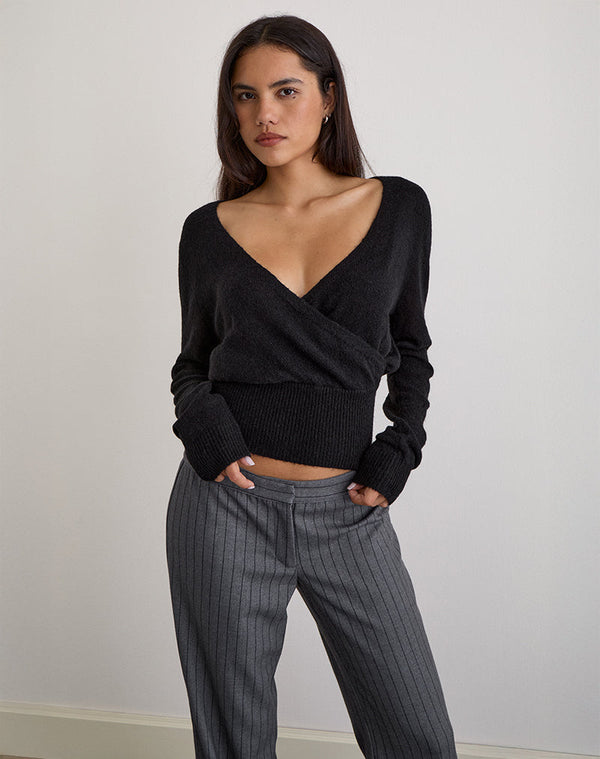 motel rocks Nilza Wrap Top in Knit Black