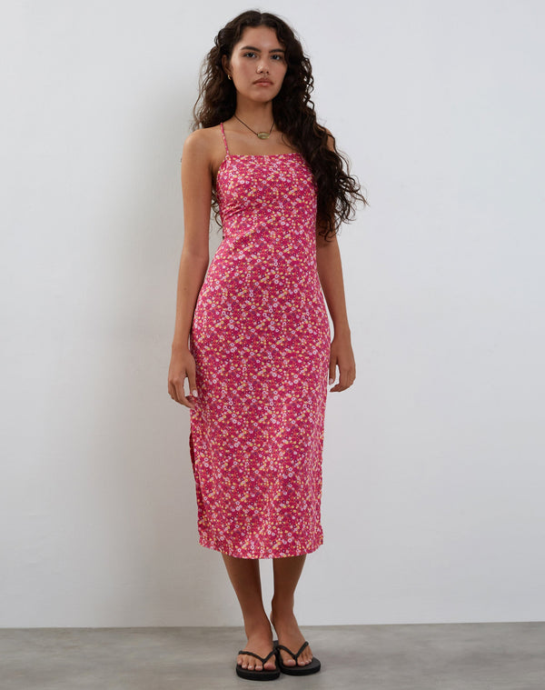 motel rocks Nosita Midi Dress In Ditsy Floral Pink
