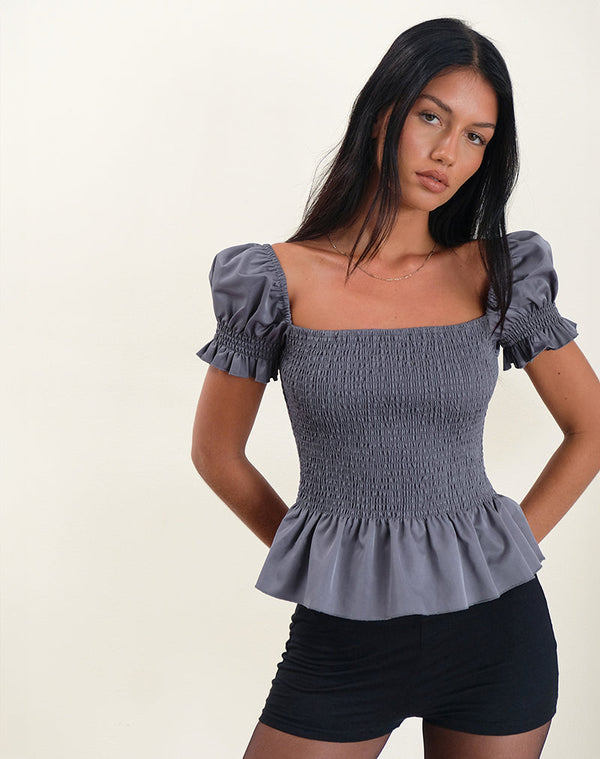 Motel Rocks Notina Puff Sleeve Top In Shirred Grey