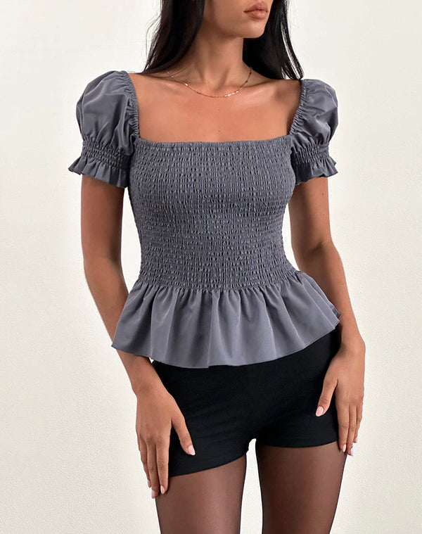 motel rocks Notina Puff Sleeve Top in Shirred Grey